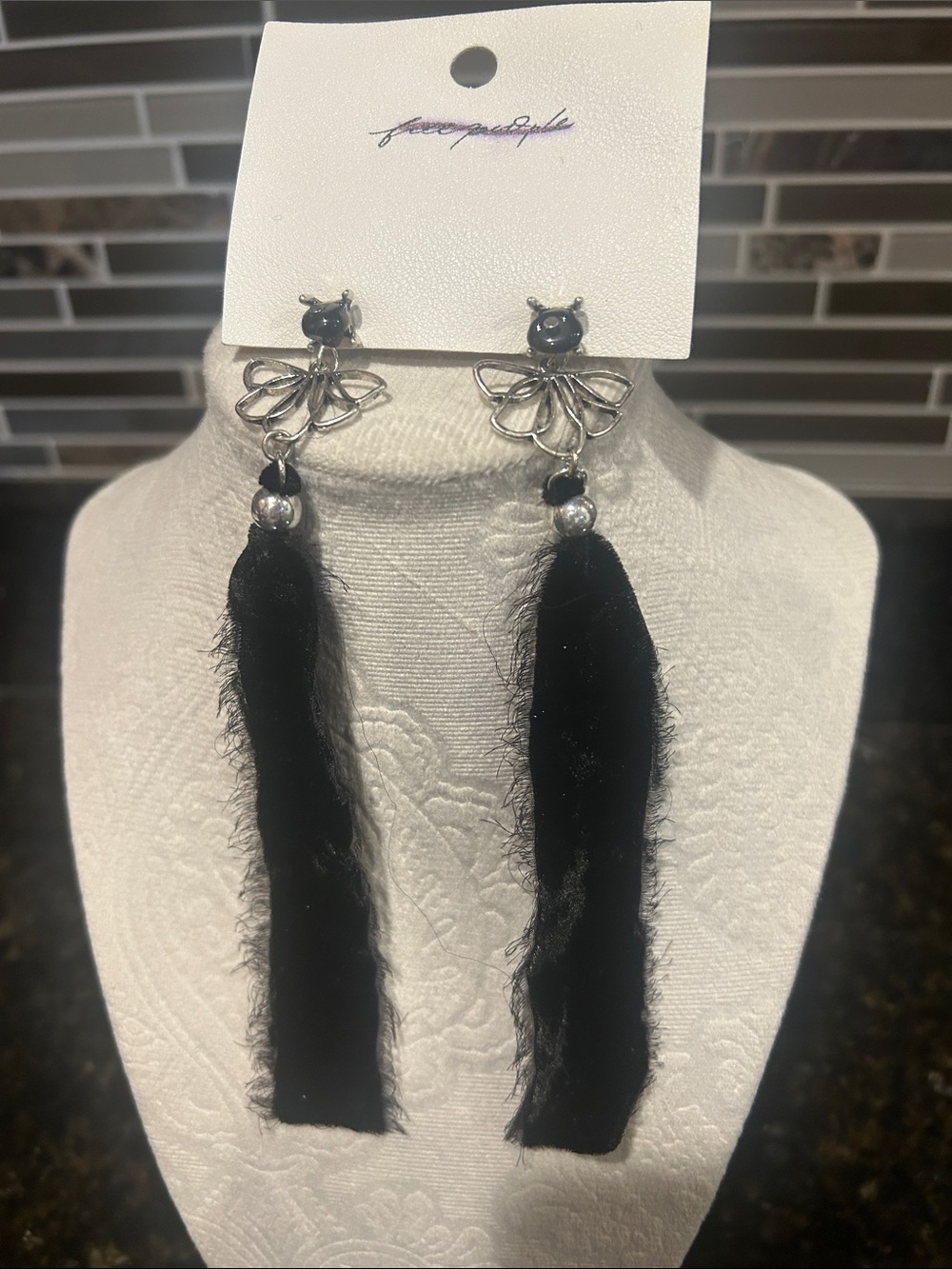 Free People Black Tassel Floral Drop Earrings - Picture 2 of 6